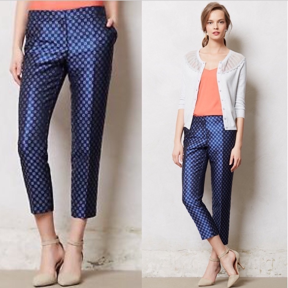 Anthropologie Leifsdottir Batik Jacquard Printed Crop Dress Pants in Blue Sz 4
